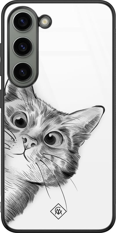Casimoda® hoesje - Geschikt voor Samsung Galaxy S23 - Peekaboo Kat - Luxe Hard Case Zwart - Backcover telefoonhoesje - Wit