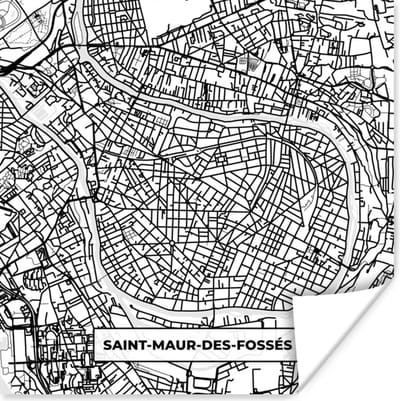 Poster Plattegrond - Kaart - Frankrijk - Saint-Maur-des-Fossés - Stadskaart - Zwart wit - 100x100 cm XXL