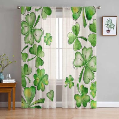 St. St. Patrick's Day Klaver Aquarel Tule Voile Gordijnen voor Slaapkamer Woonkamer Raamgordijn Transparante Gordijnen Organza Draperieën 135W x 114H(cm) white
