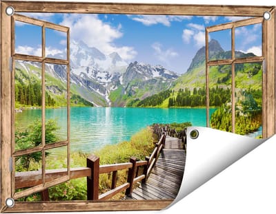 Gards Tuinposter Doorkijk Pad naar een Helder Blauw Meer in de Bergen - 60x40 cm - Tuindoek - Tuindecoratie - Wanddecoratie buiten - Tuinschilderij