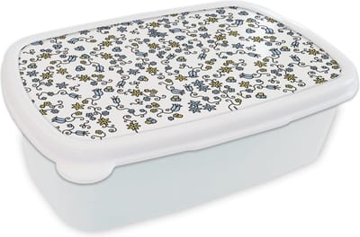 Broodtrommel Wit - Lunchbox - Brooddoos - Meisje - Bloemen - Patronen - Girl - Kids - Kinderen - Kindje - 18x12x6 cm - Volwassenen