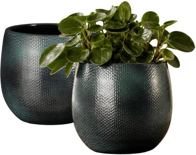Mica Decorations Plantenpot - 2x - keramiek - donkerblauw glans / ribbels - D17 x H18 cm - bloempot Havana