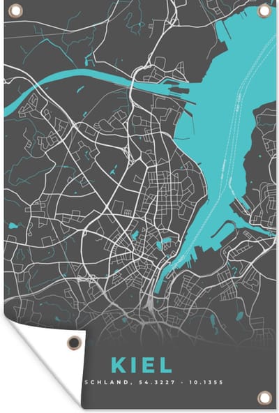Muurdecoratie Kaart – Plattegrond – Stadskaart – Kiel – Duitsland – Blauw - 120x180 cm - Tuinposter - Tuindoek
