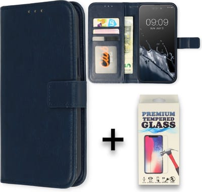 Casemania Hoesje Geschikt voor Samsung Galaxy S23 - Blauw + Tempered Glazen Screenprotector - Portemonnee Book Case - Pasjeshouder en Magneetlipje