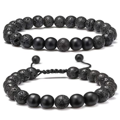 Victorious Set Natuurstenen Kralen Armband – Heren Armband – Dames Armband – Zwarte Lavasteen – 16.5cm