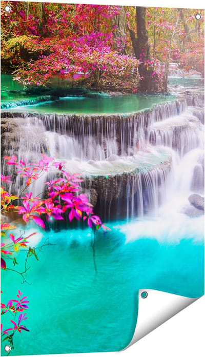 Gards Tuinposter Waterval in de Herfst met Kleurrijke Bloemen - 60x90 cm - Tuindoek - Tuindecoratie - Wanddecoratie buiten - Tuinschilderij