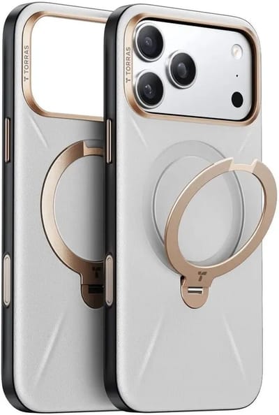 TORRAS Ostand Q Pro Leather - Hoesje Geschikt voor Apple iPhone 17 Pro - Compatibel met MagSafe - 360° Draaibare Magnetische Standaard - Back Cover Kickstand Ring - Grijs