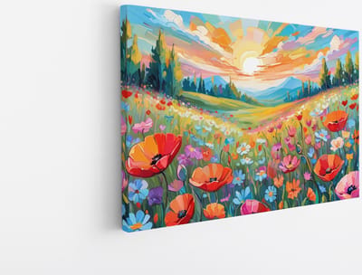 Saammp Canvas Schilderij - Bloemenveld met zonsondergang - Natuur - Landschap - 45x30 - Foto op canvas - Wanddecoratie - Muurdecoratie Woonkamer - Slaapkamer decoratie - Canvas Print