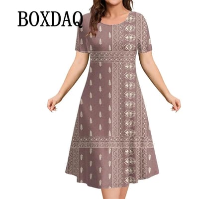 Mode 3D Print Damesjurken Vintage Etnische Stijl Ronde Hals Korte Mouw Zomerkleding Vrouw Bohemia Jurk 3XL gray