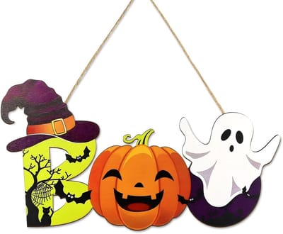 Dailygoods- Deco Houten Deurdecoratie - Halloween Wanddecoratie - Pompoen/Spook Hangbord - Welkomstdecoratie 40x22 cm - Hoogwaardig Hout - Kleurrijke Prints