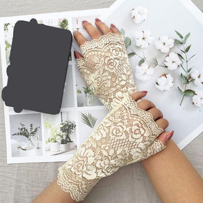 38 Stijlen Hol Kant Bloem Visnet Vingerloze Handschoenen Elegant Zonbescherming Dames Mesh Dans Bruiloft Wanten Handdecoratie One Size gray