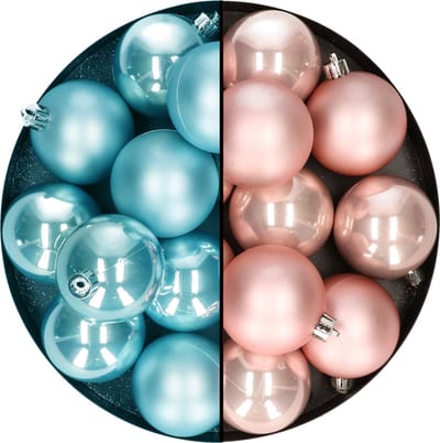 Decoris - kerstballen -24x st - mix lichtroze/ijsblauw - 6 cm - kunststof - kerstversiering