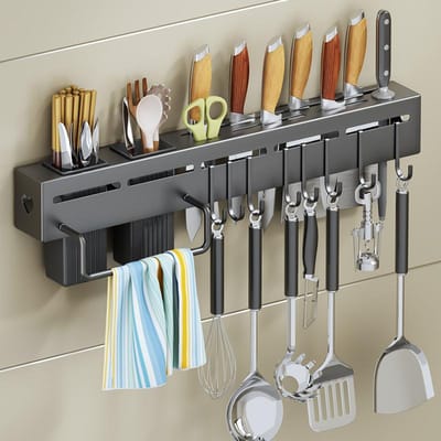 Support de rangement de cuisine, support mural multifonctionnel pour couteaux, amovible en acier inoxydable avec plusieurs supports et crochets gray