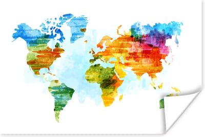 Wereldkaart - Waterverf - Regenboog - Kinderen - Jongens - Meisjes - 30x20 cm - Poster - Poster Kinderkamer
