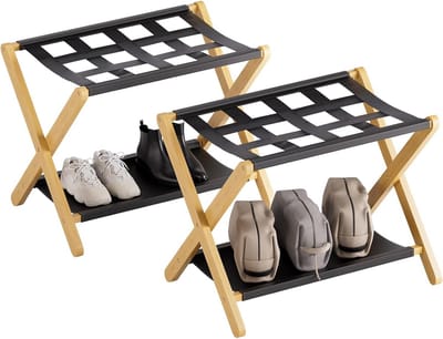 Opvouwbaar Bagagerek Set van 2 – Bamboe Hotel Bagagehouder met Stoffen Plank en Stevige Riemen