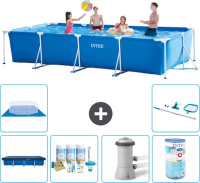 Intex Rechthoekig Frame Zwembad - 450 x 220 x 84 cm - Blauw - Inclusief Afdekzeil - Onderhoudspakket - Zwembadfilterpomp - Filter - Grondzeil - Schoonmaakset - 7-delig