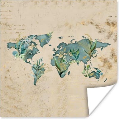 Poster 30x30 cm - Wereldkaart - Vintage - Planten - Posters - Kamer decoratie - Wanddecoratie woonkamer - Muurdecoratie slaapkamer