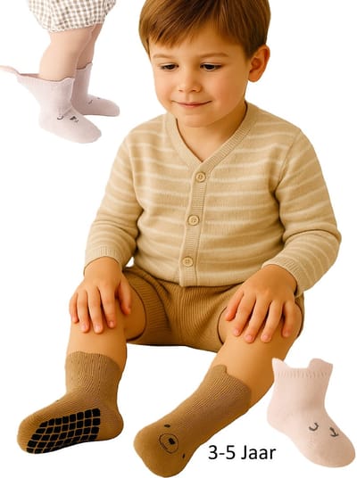 Kindersokken met Antislip – Maat XL (3–5 jaar) – 3 Paar – Beer Design – Roze, Blauw & Bruin – Katoen – Comfortabele Sokken met Grips – All Season