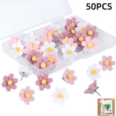 50 stuks - punaises - grote punaises - bloemblaadjesvormige punaises - woondecoratie - geschikt voor prikborden - fotowanden - themakaarten - bulletinborden - kantoor-roze - wit - 1,9*1,9*1 cm