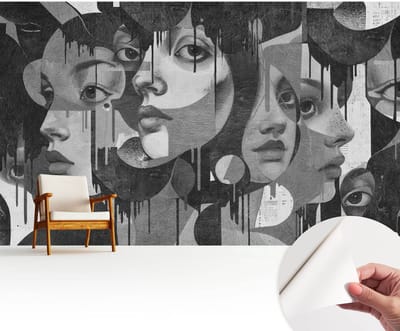 Wallfluent Zelfklevend Behang - Vrouwengezichten Stickerbehang op rol - 416x254 cm - Zwart-wit Zelfklevend Behang - Herpositioneerbaar - Voor de woonkamer, voor het kantoor, voor de slaapkamer Zelfklevend Behang