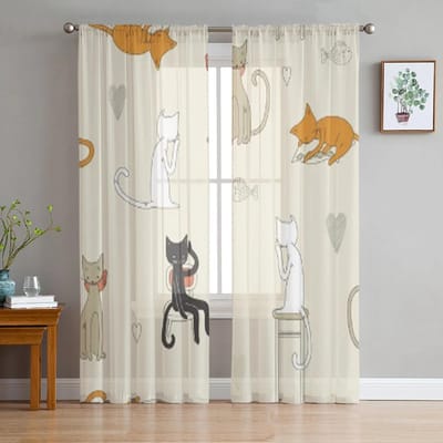 Kattenpatroon Cartoon Tule Transparante Gordijnen voor Woonkamerdecoratie Gordijn voor de Kamer Slaapkamer Keuken Voile Organza Gordijnen 135W x 244H(cm)