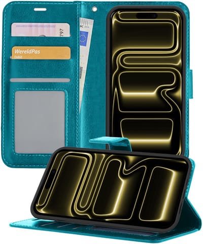 Hoesje - Met Pasjeshouder - Geschikt voor Apple iPhone 17 Pro - Luxe Bookcase Portemonee - Flip Case - Kunstleer Book Case - Flipcase - Book Cover - Walletcase - Portemonneehoes - Telefoonhoesjes - Turquoise