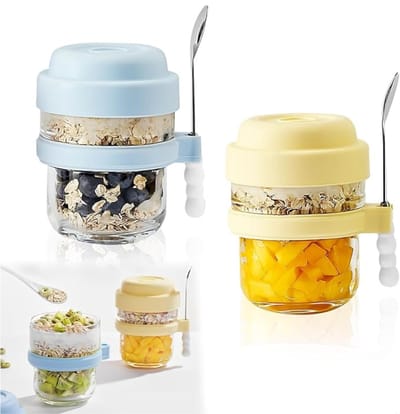 Verte Overnight Oats Potjes - Glazen Potten voor Het Bereiden van Havermout - Glazen Potten voor Maaltijdbereiding - Inmaakpotten met Lepel - Glazen Tupperware - Glazen Potten met Deksel voor Havermout - Yoghurt - Jam - Salade - Pudding - 440 ml