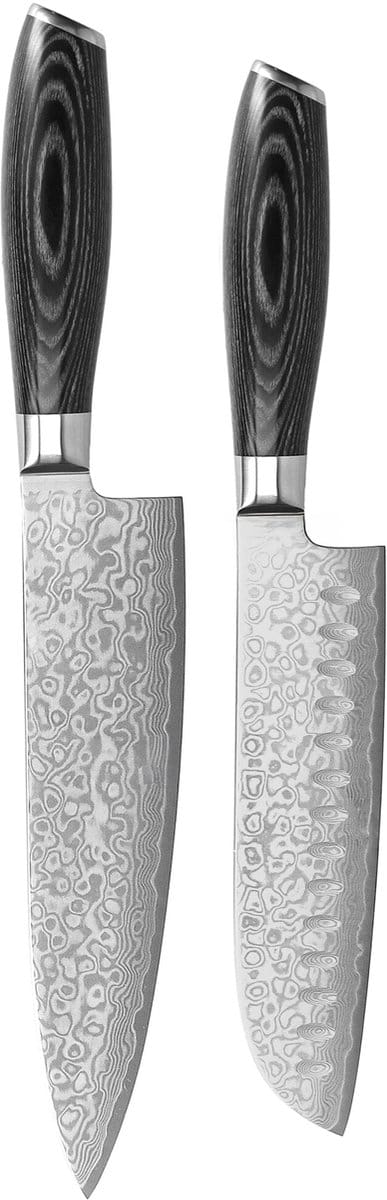 Shinrai Knives - Damast Pakka Wood 2-delige Messenset - Koksmes + Santoku mes - Vleesmes - Hakmes
