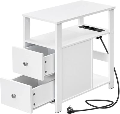 Bijzettafel - Smal Model Met Stopcontact En 2 Lades - Voor Bank En Bed In Kleine Ruimtes - Hout - 60 X 30 X 60 Cm - Wit