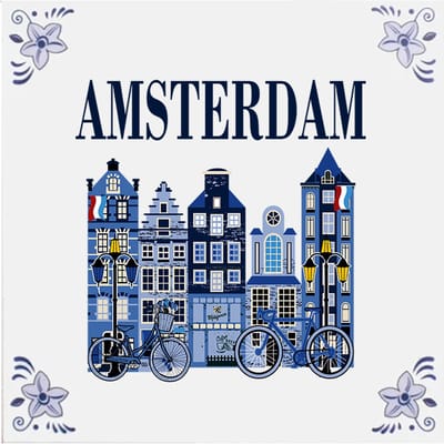 Delfts blauw tegeltje Tekst Amsterdam huizen ( tekst amsterdam) - delfts blauw wandbord - delftsblauw - hollandse cadeautjes - wanddecoratie - decoratieve accessoires