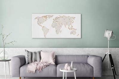 Wereldkaart goud lijnen lichtgrijs canvas | Wereldkaart Canvas Schilderij 100x50 cm