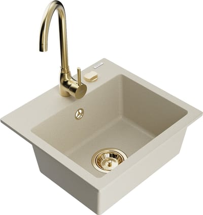 Mexen Milo granieten gootsteen 1-komor met Telma keukenkraan, beige - 6505-69-670200-50