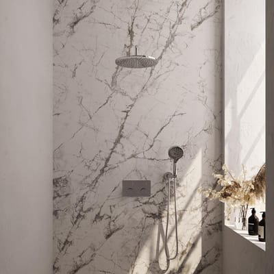Brauer Chrome Carving Thermostatische Regendoucheset Inbouw - Hoofddouche 30 cm - Gebogen Wandarm - Met Drukknoppen - Handdouche 3 Standen - Doucheslang - Wandaansluitbocht - Chroom