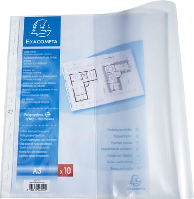 Exacompta 5x Pak van 10 geperforeerde showtassen - gladde PP 10/100ste - A3 horizontaal - Transparant - 6210E