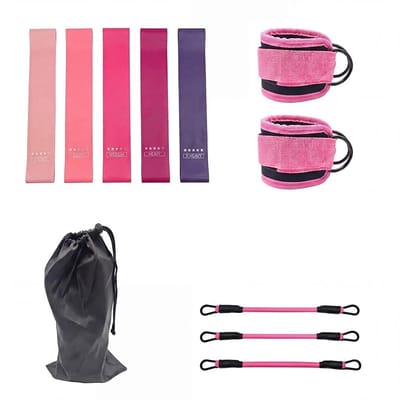 Set van 8 fitness- en enkelweerstandsbanden (2,3 tot 18,1 kg), sportelastiek van TPE, niet giftig, voor krachttraining, billen, yoga en pilates, complete trainingsset met draagtas, roze