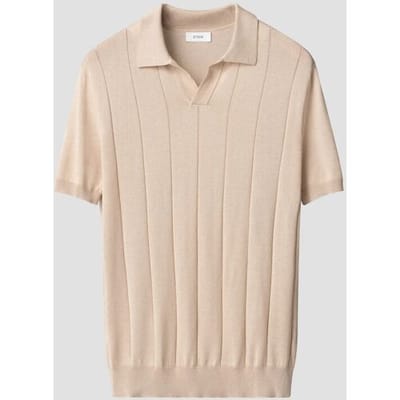 Eton Polo Open Collar Luxury Fine Silk Cotton Dropped Needle Stitch Beige / male