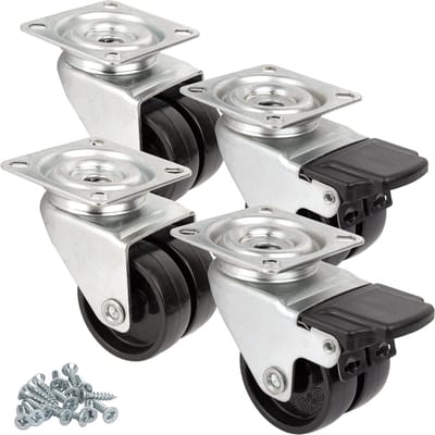 Set van 4 dubbele meubelwielen met rem - zwenkwielen en transportwielen - 2 stuks met rem
