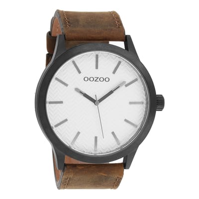 OOZOO Timepieces - Zwarte horloge met donker bruine leren band - C9011