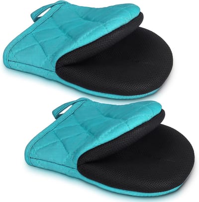 1 paar korte ovenhandschoenen - Keukenhandschoenen - Hittebestendig tot 260°C (500°F) - Ovenhandschoenen - Antislip siliconen oppervlak met ophanglus - Verdikte keukenhandschoenen - Bakhandschoenen - Blauw