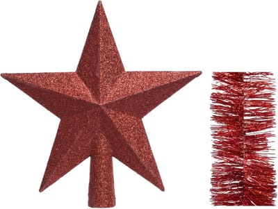 Kerstversiering kunststof glitter ster piek 19 cm en glitter folieslingers pakket rood van 3x stuks - Kerstboomversiering