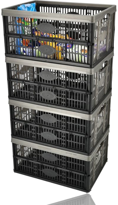 Vouwkrat 32 Liter – Set van 4 – Belastbaar tot 10 KG – Opvouwbare Kratten – Inklapbare Boodschappenkrat – Stapelbaar – 48x35x23 cm – Zwart