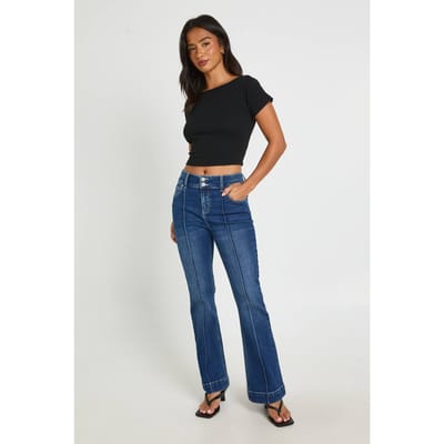 boohoo Dames Petite Flared Jeans Met Middelhoge Taille En Naaddetail | Vintage Was | Maat: 36