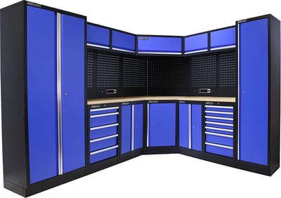 Kraftmeister werkplaatsinrichting - Werkbank met 5 wandkasten, 2 werkplaatskasten en multiplex werkblad - Werktafel met 12 laden, 3 opbergkasten en gereedschapswand - Complete set voor werkplaats of garage - Blauw