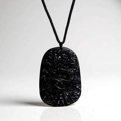 Cavill - Halsketting met Mexicaanse Obsidiaan 220 ct - 40 cm Zwart Koord - Fancy Slijpsel met Draak Gravure - Mystiek en Krachtig Sieraad