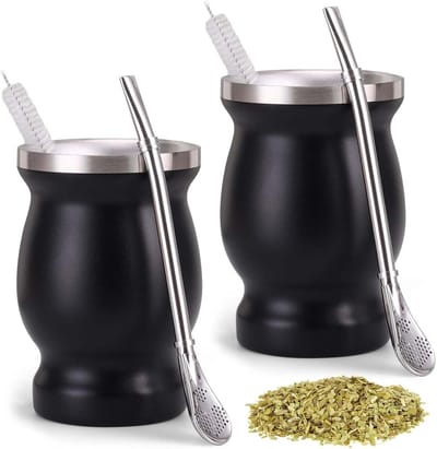 Ronte - Mate bekers set van 2: dubbelwandig roestvrijstaal, inclusief Yerba Mate rietjeslepel en reinigingsborstel, warmte-isolatie voor Mate thee, koffie, melk en sap (zwart) met minimale 75 karakters en relevante zoekwoorden.