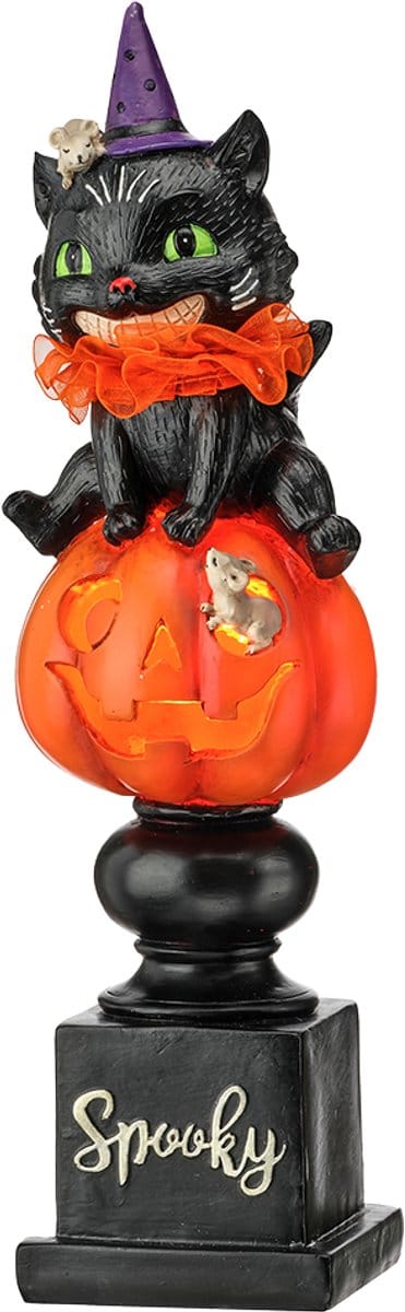 Viv! Christmas Halloween Decoratie Beeld - 'Spooky' Kat op Stapel Pompoenen incl. LED Verlichting - 36 cm