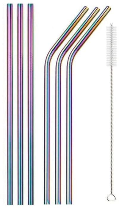 Gadgetpoint - Metalen/RVS Rietjes - Metal Straws - Cocktails - Drankjes - Milieuvriendelijk & Duurzaam - Set van 6 rietjes + schoonmaak borstel - Regenboog