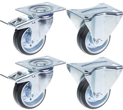 80 mm (3") rubberen zwenkwiel, met rem en vast, sterk, draagvermogen 280 kg, set van 4