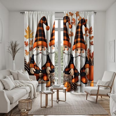2 stuks HD Drie Kerstmannen Oogsten vruchten met lange hoed decoratief gordijn Gele stropdas digitaal bedrukt gordijn Huisdecoratie W52H63inchW132H160cm white