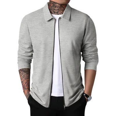 Lente Herfst Heren Revers Lange Mouw Jas Wafeltextuur Zijzakken Ritssluiting Slim Fit Jas Uitloper Streetwear M lichtgrijze kleur